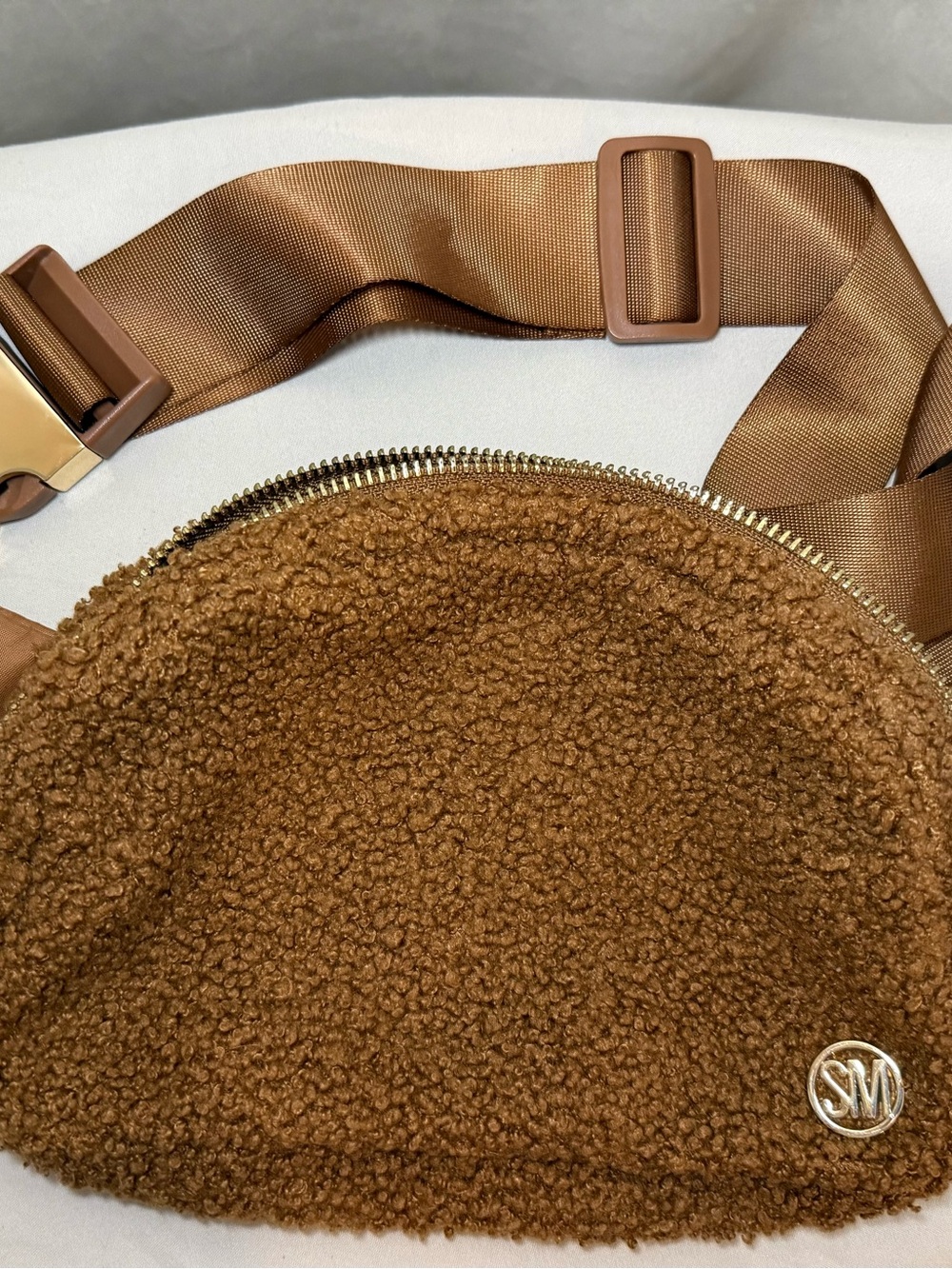 Brown Sherpa Crossbody Belt Bag with Gold Logo